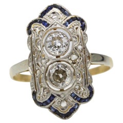 Art Deco 18K Gold Ring with Old European Cut Diamonds and Calibrated Sapphires