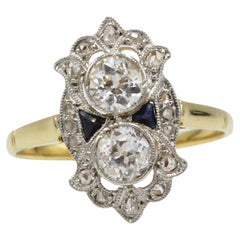 Art Deco 18K Gold Ring with Old Mine Diamonds and Calibrated Sapphires