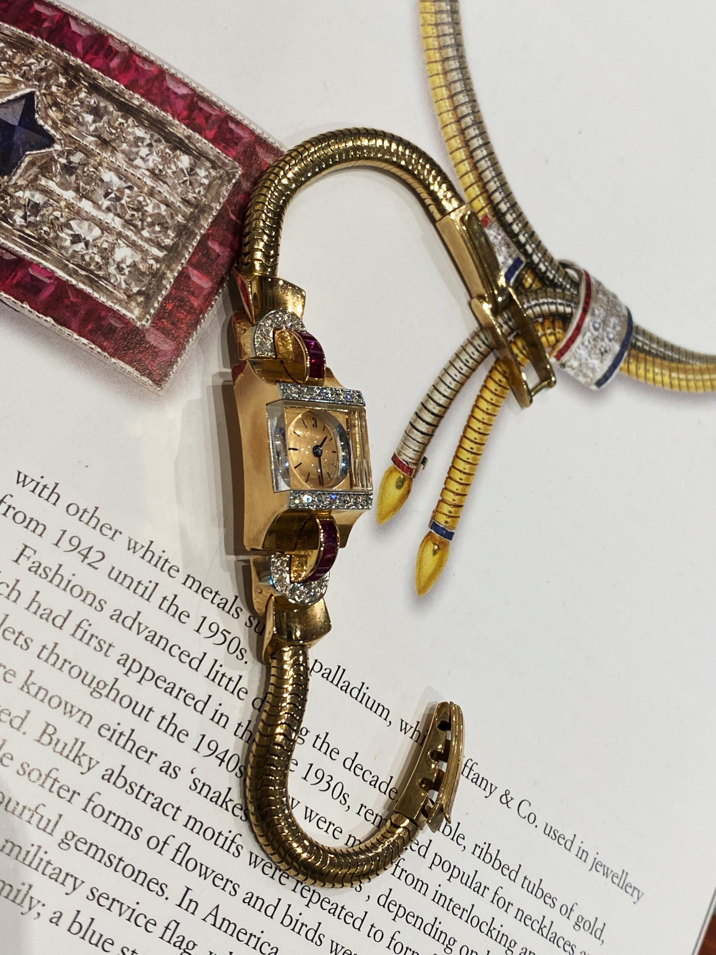 Art déco Art-Deco 18K Gold, Ruby, Diamond Swiss Snake Band Cocktail Ladies Bracelet Watch en vente
