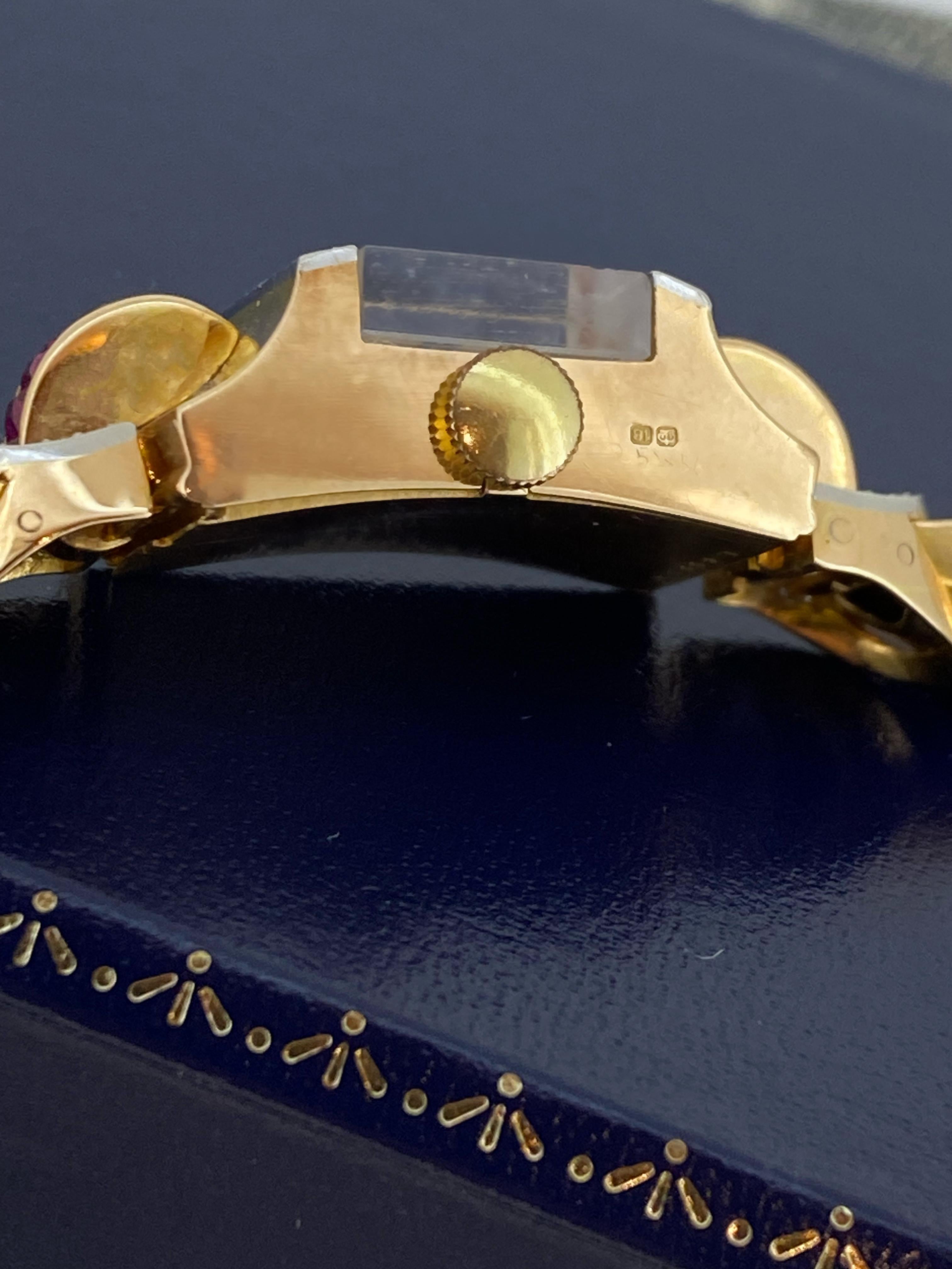 Art-Deco 18K Gold, Ruby, Diamond Swiss Snake Band Cocktail Ladies Bracelet Watch en vente 3