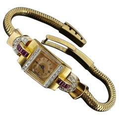 Art-Deco 18K Gold, Rubin, Diamant Schweizer Schlangenband Cocktail Damenarmbanduhr