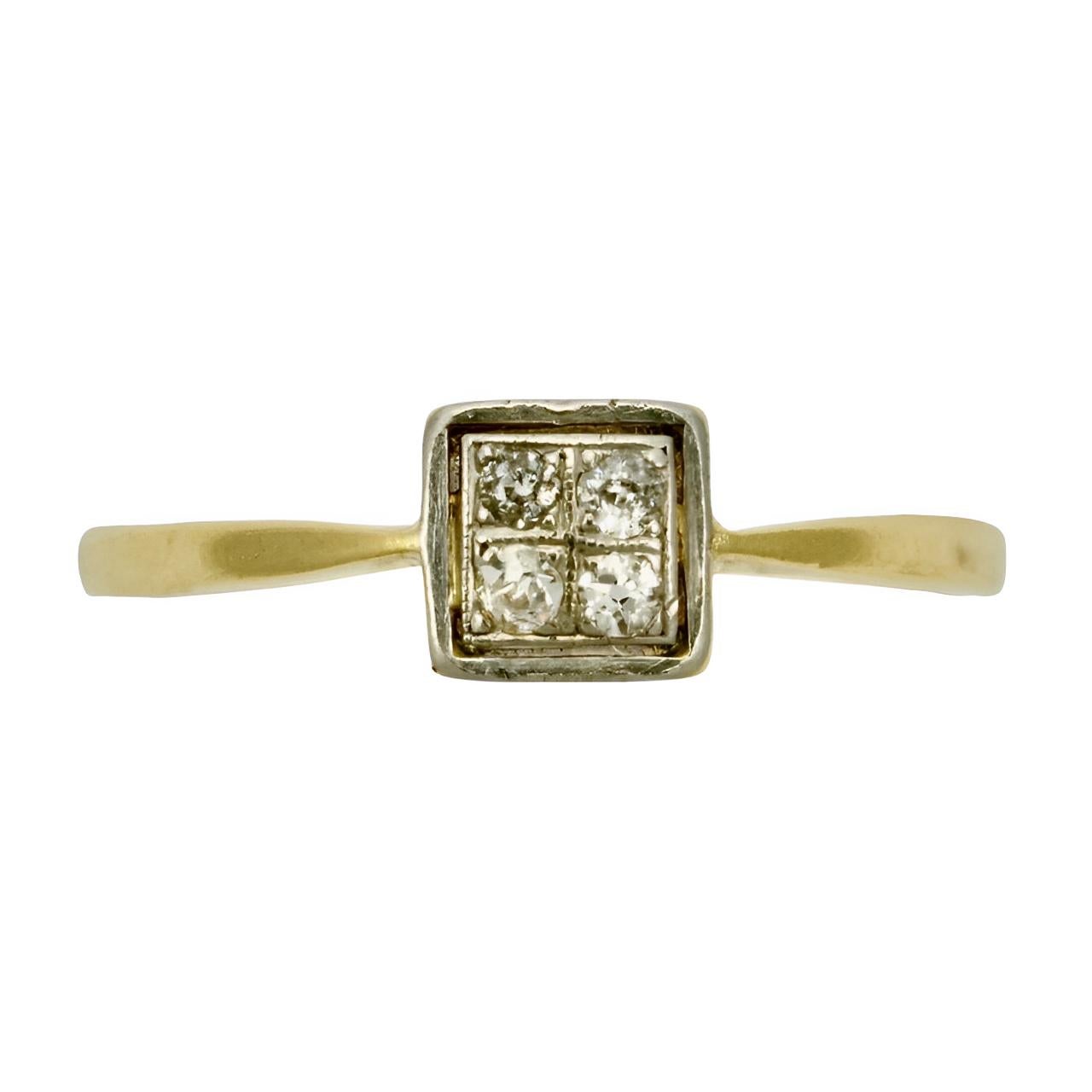 Art Deco beautiful gold cluster ring, set with four diamonds. The gold tests as 18K, and the white metal was usually platinum for this type of ring, not tested. Ring size UK S 1/2, US 9 3/8,  inside diameter 2 cm / .78 inch. The setting measures 6.5