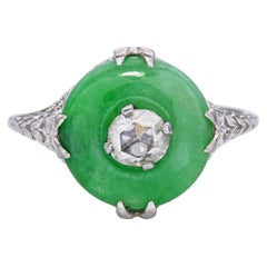 Anello in filigrana di giada e diamanti taglio rosa Art Deco 18k