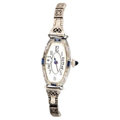 Orologio da polso da donna Art Deco 18 carati con diamanti, zaffiro e taglio francese originale degli anni '30