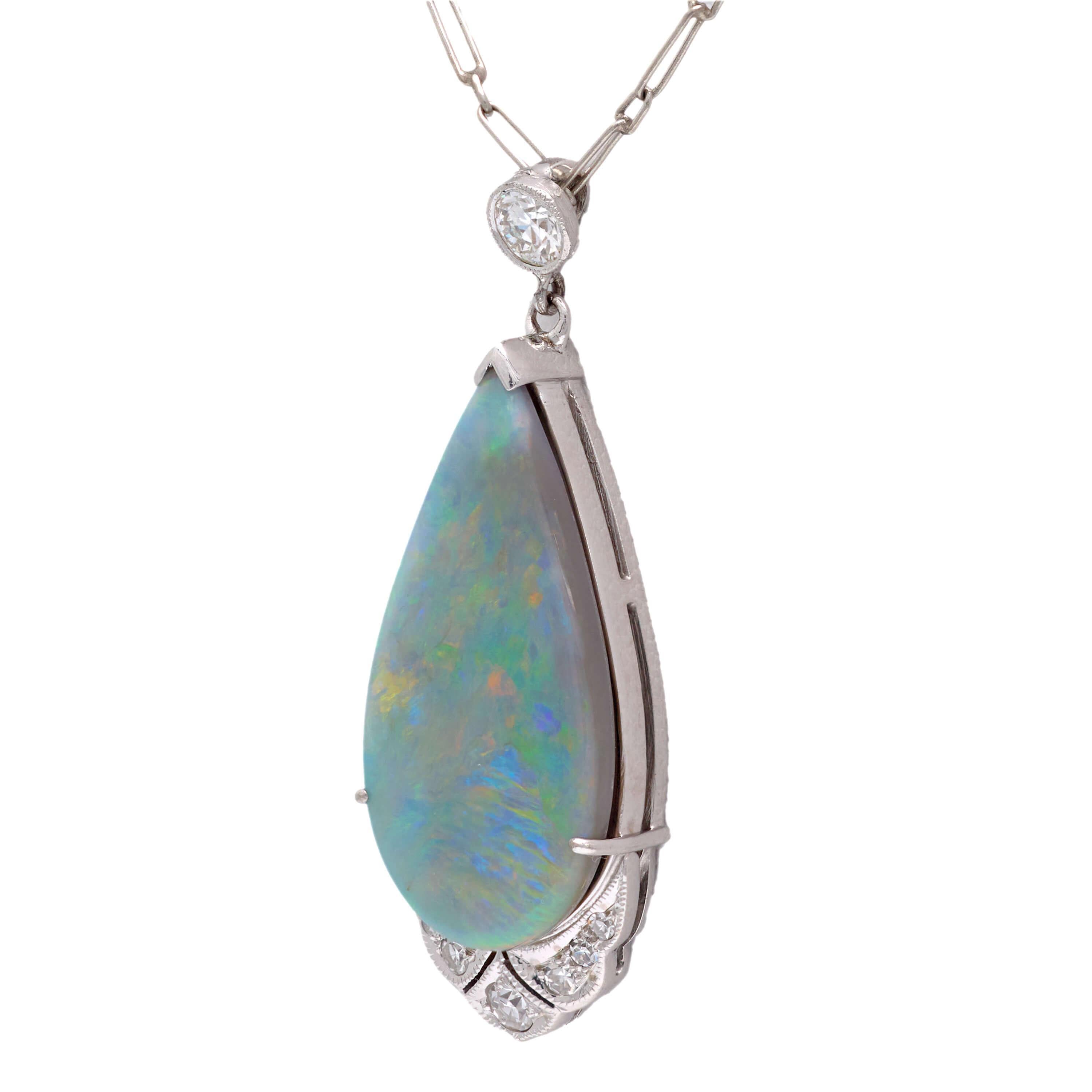 Single Cut Art Deco 18k Opal and Diamond Teardrop Pendant Necklace For Sale