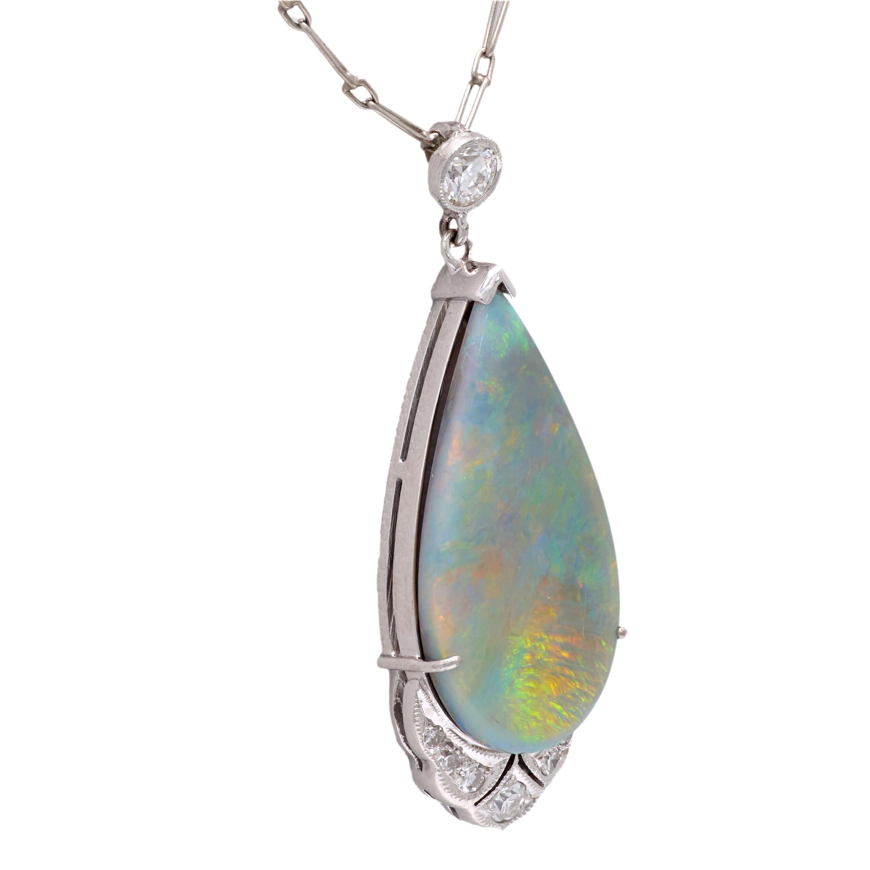 Art Deco 18k Opal and Diamond Teardrop Pendant Necklace In Good Condition For Sale In Narberth, PA
