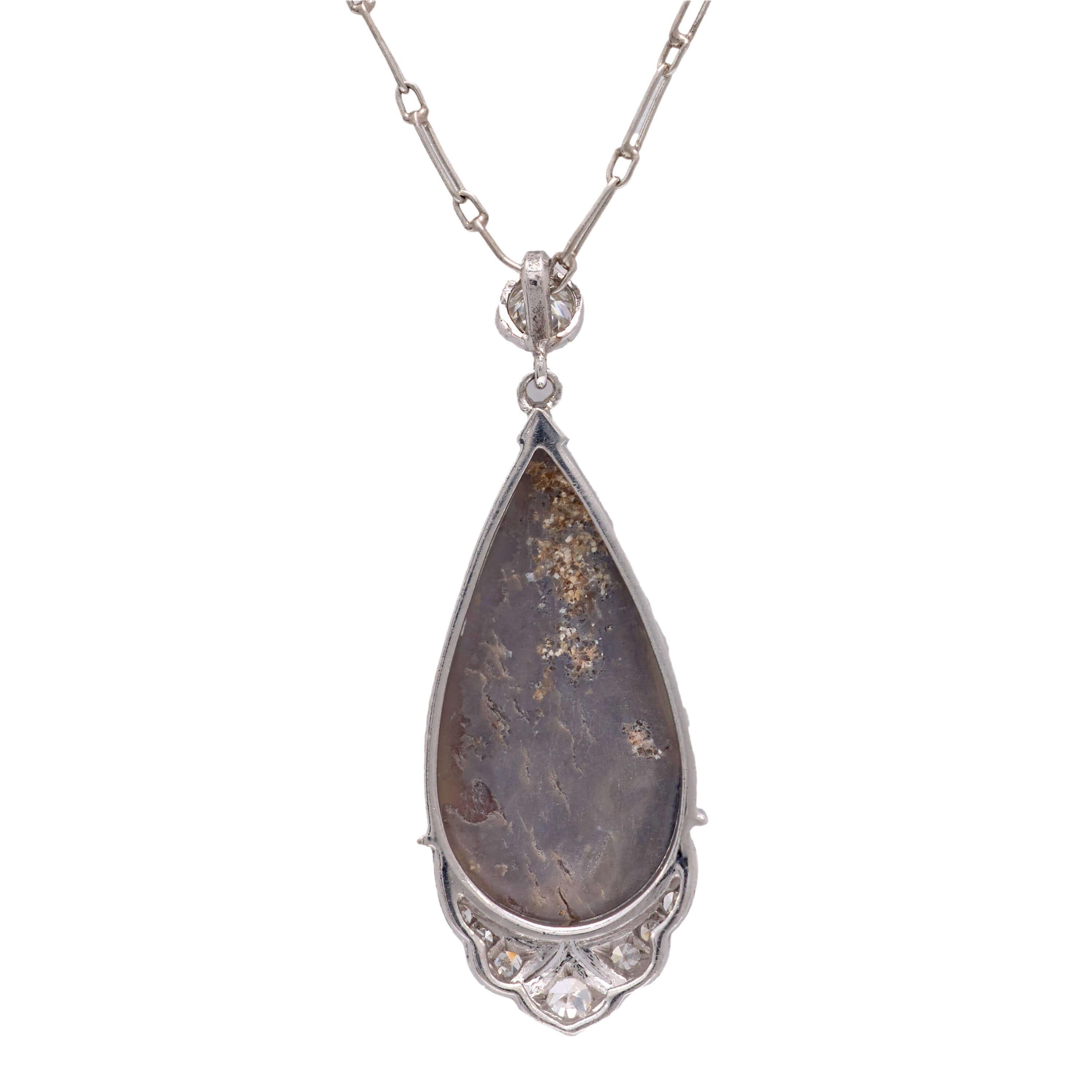 Women's Art Deco 18k Opal and Diamond Teardrop Pendant Necklace For Sale