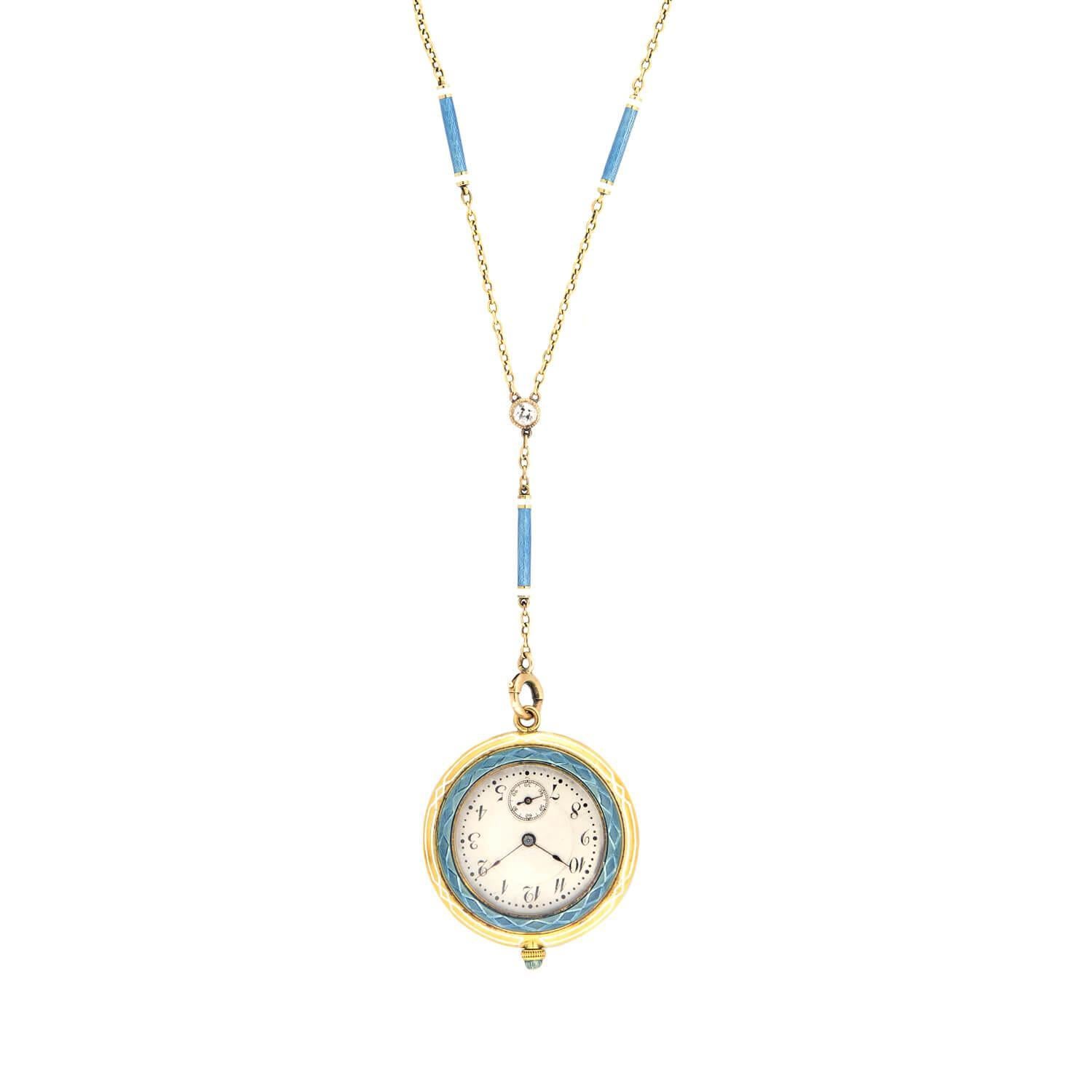 Rose Cut Art Deco 18k/Platinum Diamond Blue Enamel Guilloche Watch Pendant Necklace