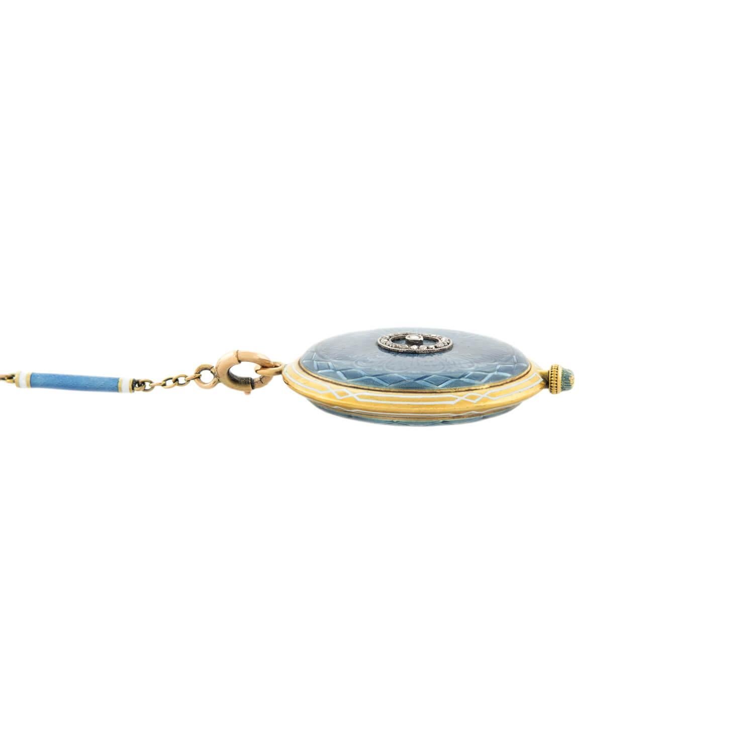 Art Deco 18k/Platinum Diamond Blue Enamel Guilloche Watch Pendant Necklace In Good Condition In Narberth, PA