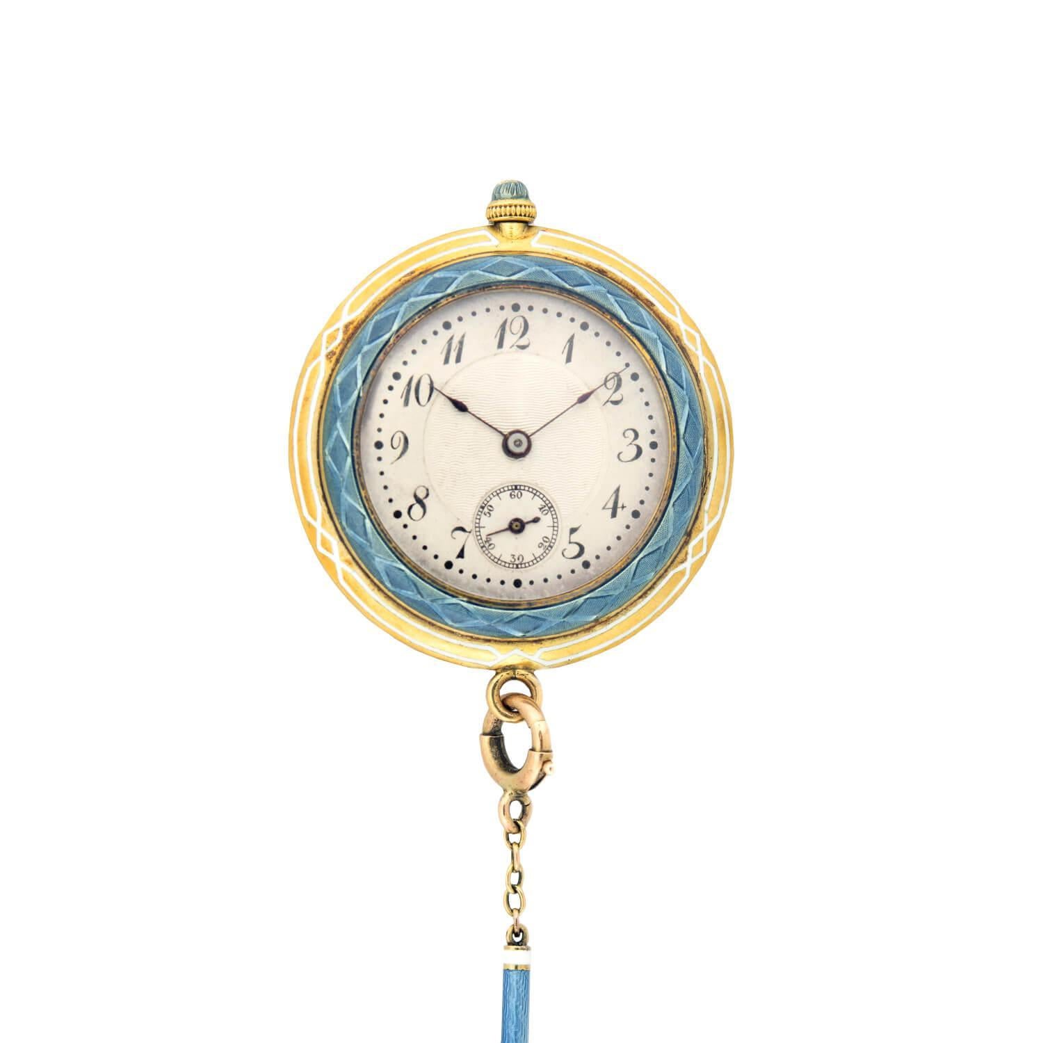 Women's or Men's Art Deco 18k/Platinum Diamond Blue Enamel Guilloche Watch Pendant Necklace