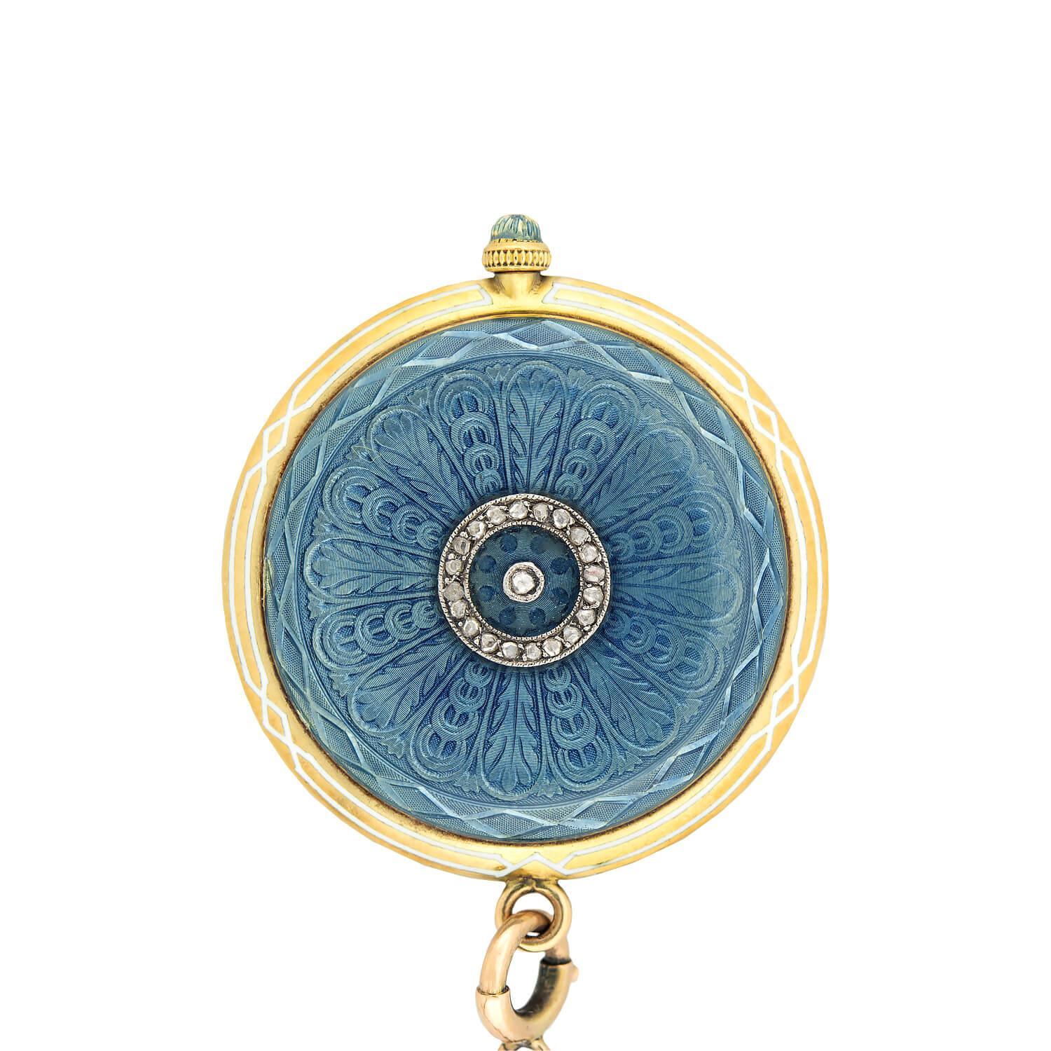 Art Deco 18k/Platinum Diamond Blue Enamel Guilloche Watch Pendant Necklace 1
