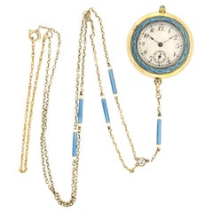 Antique Art Deco 18k/Platinum Diamond Blue Enamel Guilloche Watch Pendant Necklace