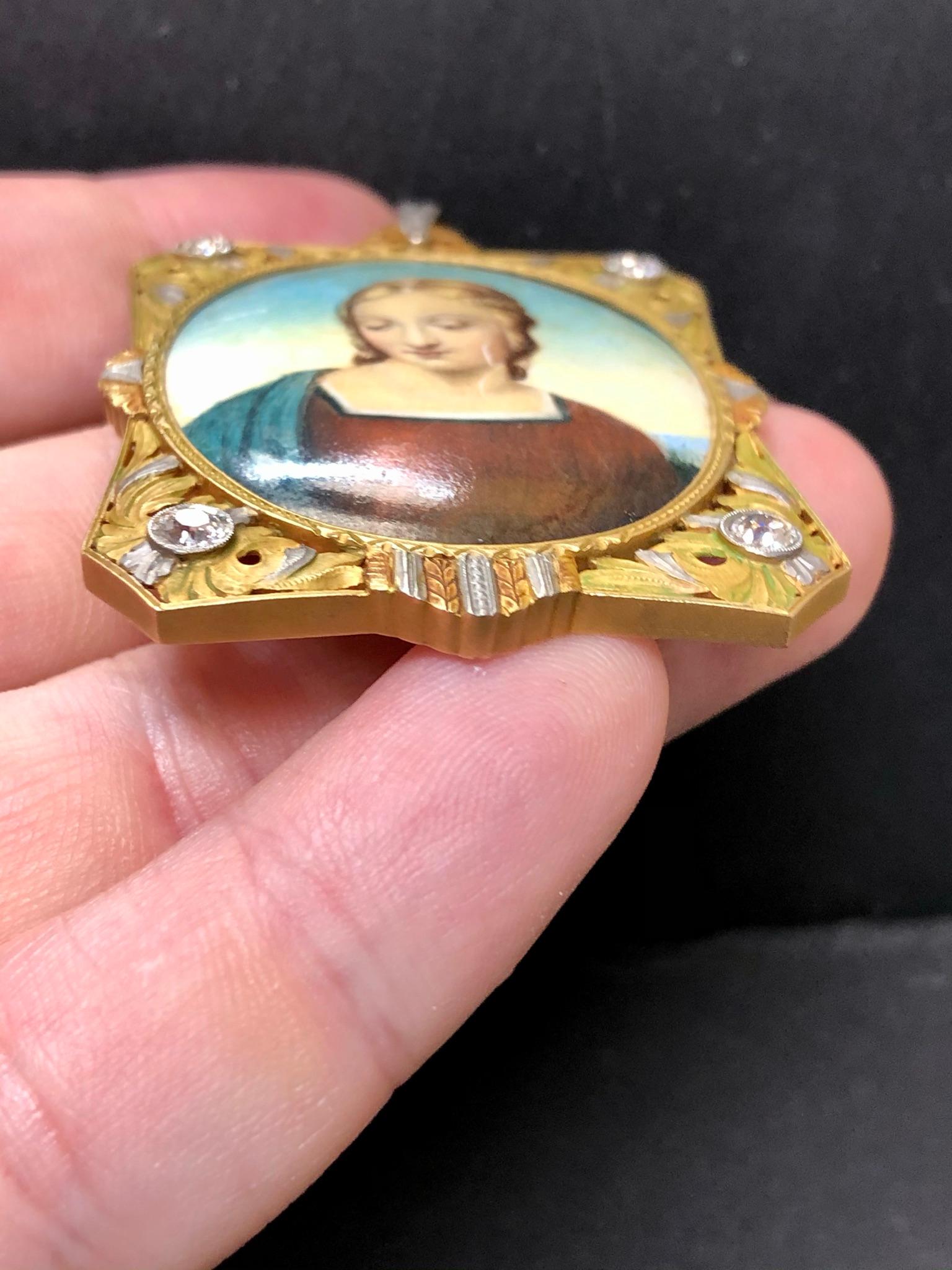 Ciondolo spilla Art Deco 18k Platinum Tri Tone Painted Porcelain Mine Diamond in vendita 5