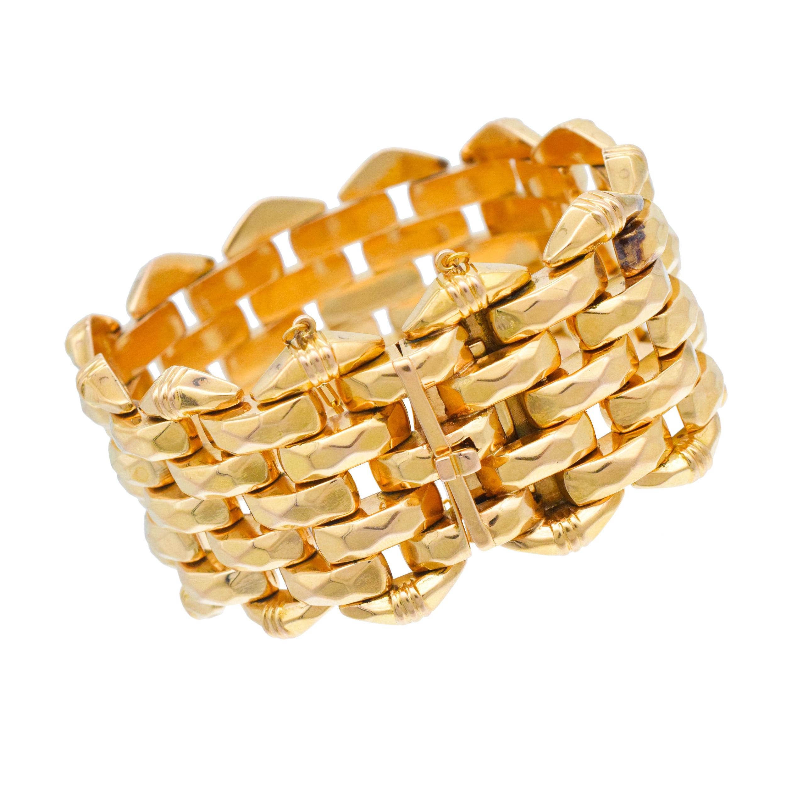 Art Deco 18k Rose Gold Wide Multi Row Bracelet. Unisexe en vente