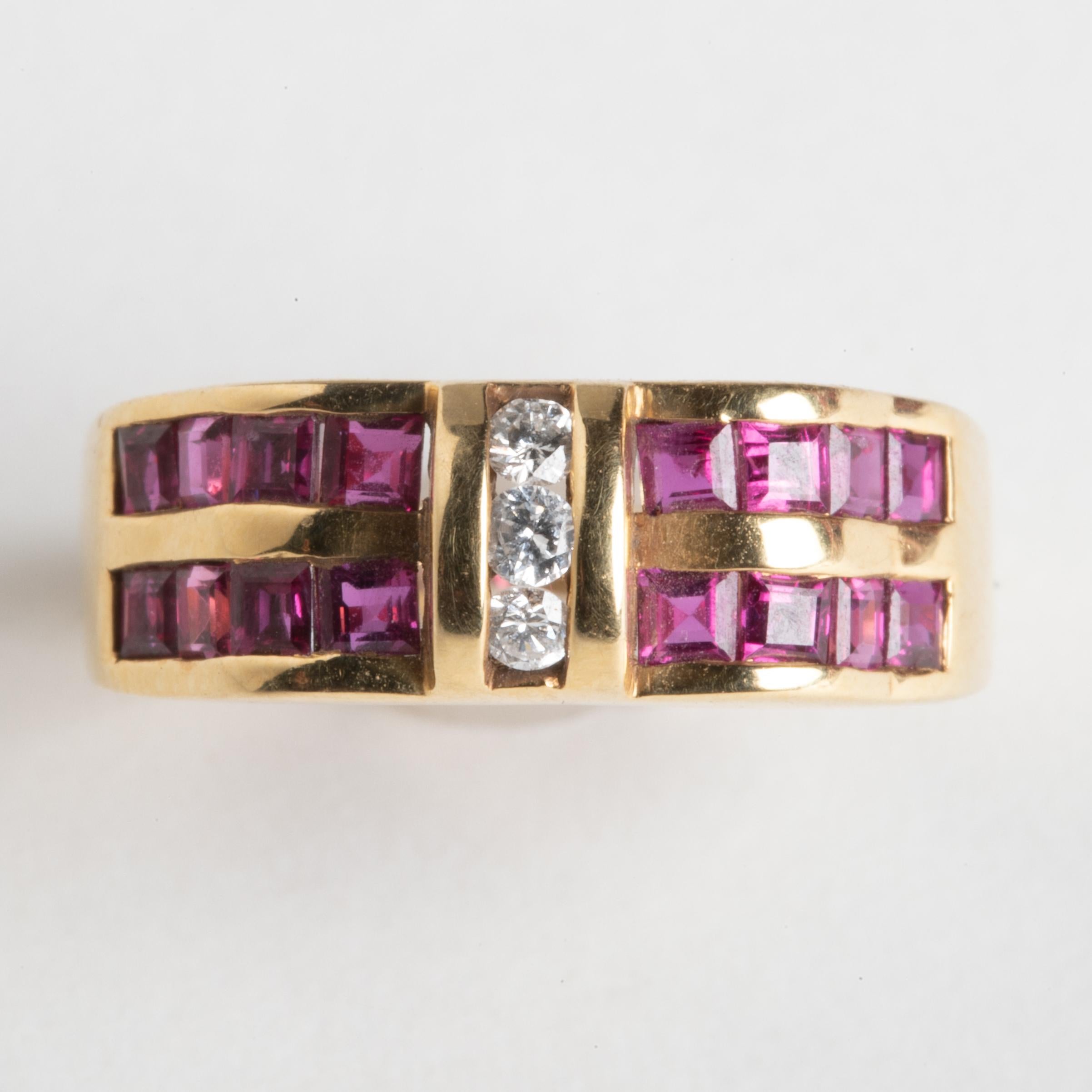 Square Cut Art Deco 18k Ruby and Diamond Band Ring