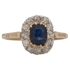 Art Deco 18K Vintage Cushion Cut Sapphire Old European Diamond Halo Diamond Ring