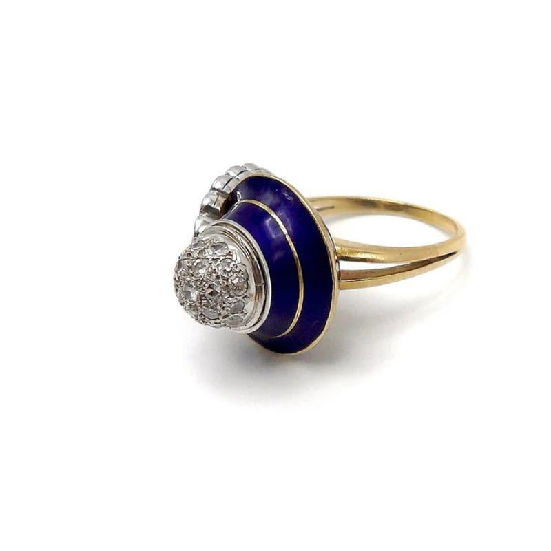Art-déco-Ring aus 18 Karat Weiß- und Gelbgold, blauer Emaille und Diamanten (Einfacher Schliff) im Angebot