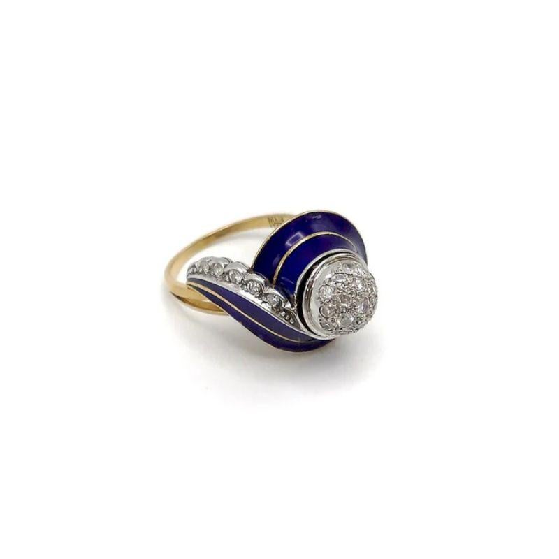 Women's or Men's Art Deco 18K White and Yellow Gold, Blue Enamel, and Diamond Ring For Sale
