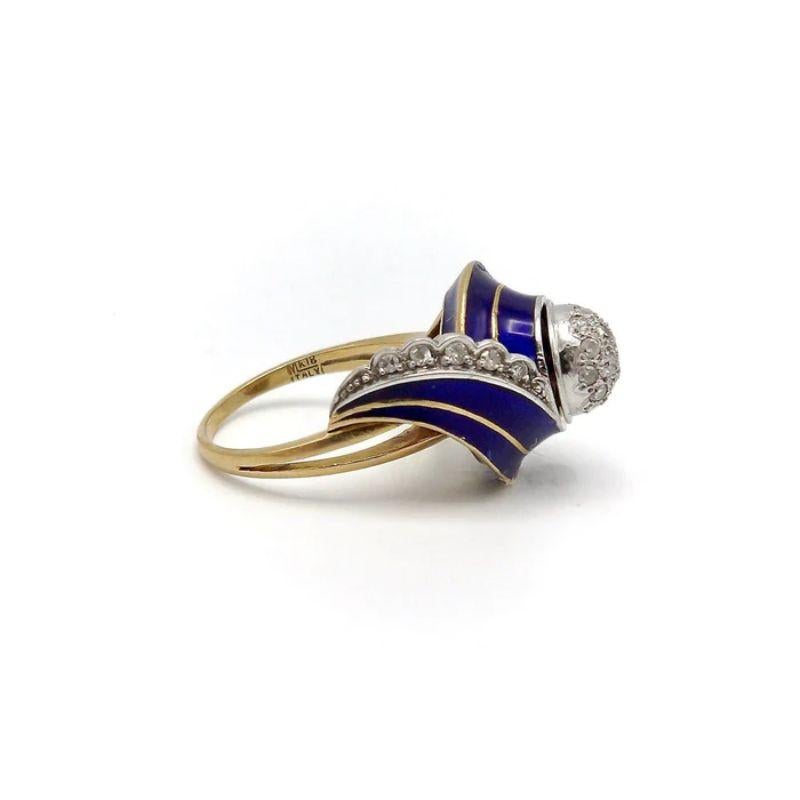 Art Deco 18K White and Yellow Gold, Blue Enamel, and Diamond Ring For Sale 2