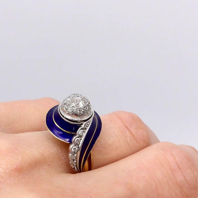 Art Deco 18K White and Yellow Gold, Blue Enamel, and Diamond Ring For Sale 4
