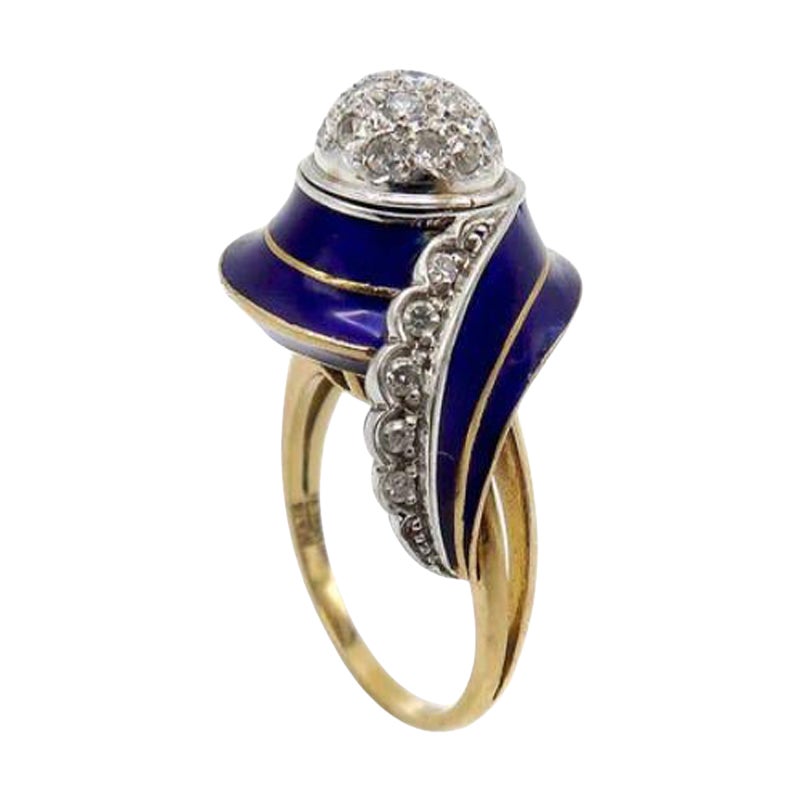 Anello Art Deco in oro bianco e giallo 18 carati, smalto blu e diamanti