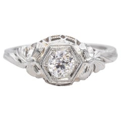 Art Deco 18K White Gold 0.33 Ct. Old Euro Diamond Bow Motif Engagement Ring