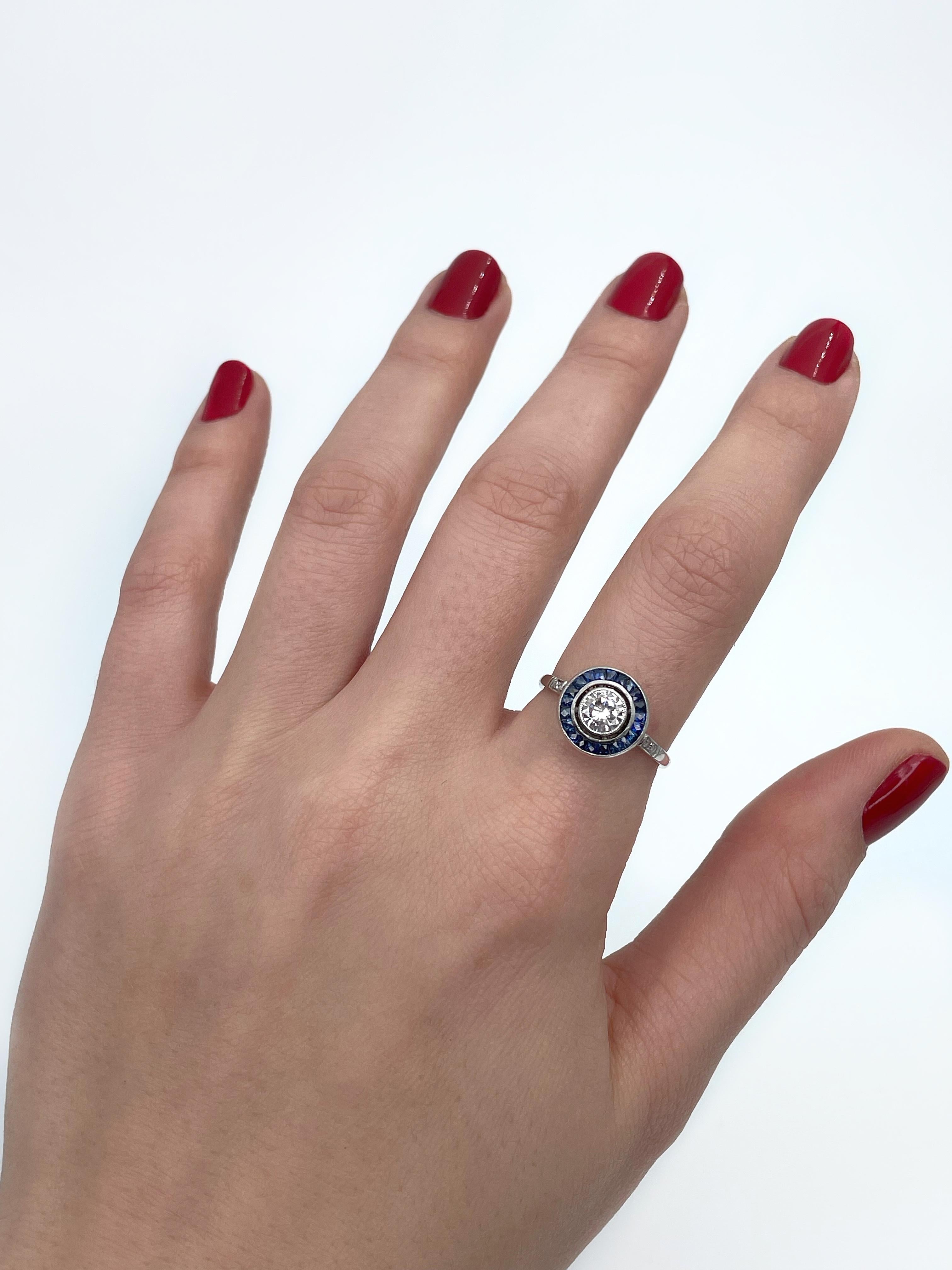 Art Deco 18K White Gold 0.56ct Diamond Sapphire Target Ring  2