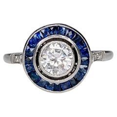 Art Deco 18K White Gold 0.56ct Diamond Sapphire Target Ring 