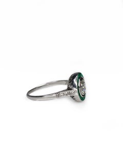 Art Deco 18K White Gold 0.61ct Diamond Emerald Target Ring