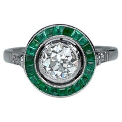 Art Deco 18K White Gold 0.61ct Diamond Emerald Target Ring 