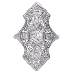 Art Deco 18k White Gold 0.67tcw Diamond Filigree Shield Ring