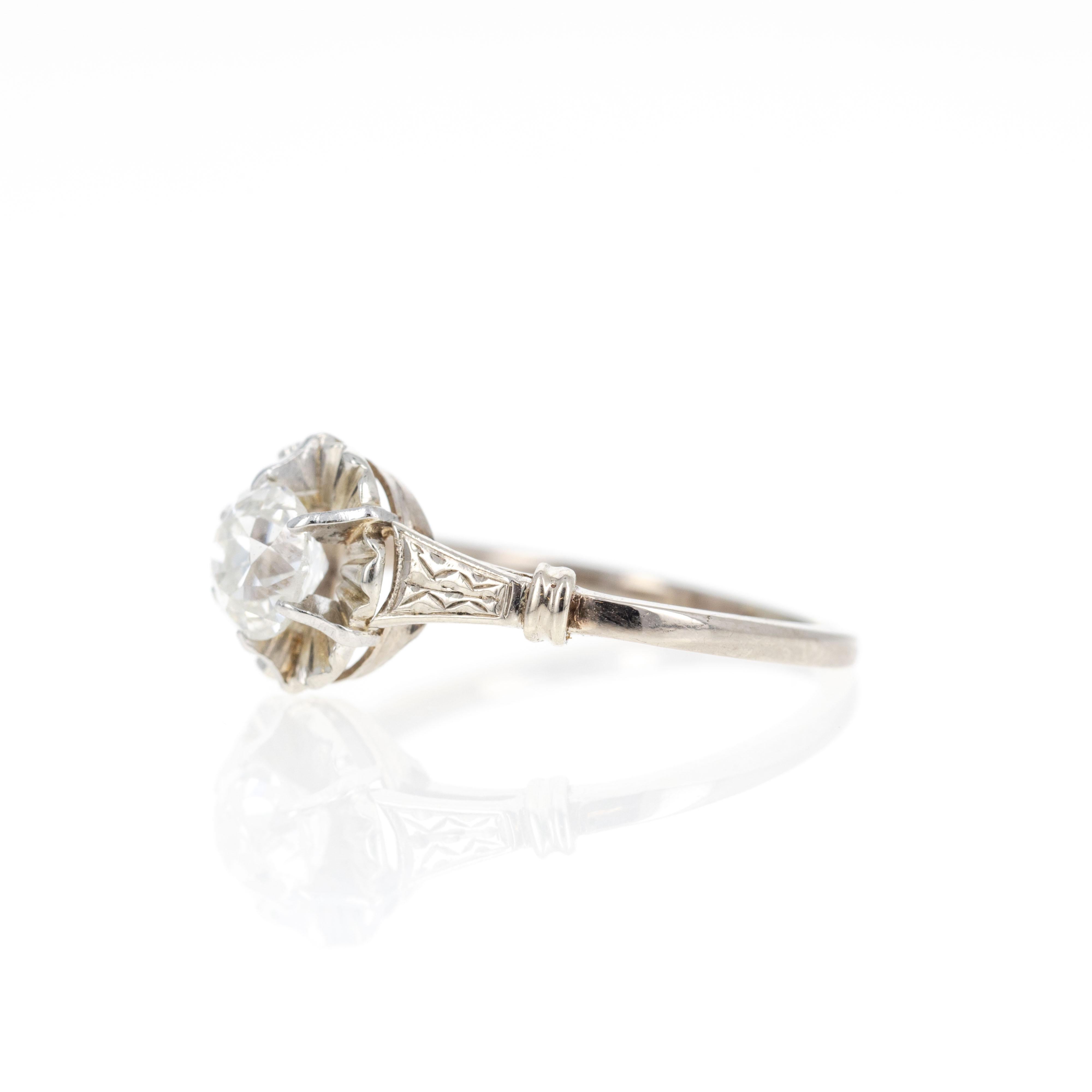 Women's Art Deco 18K White Gold 0.75 Carat Old Mine Diamond Engagement Ring