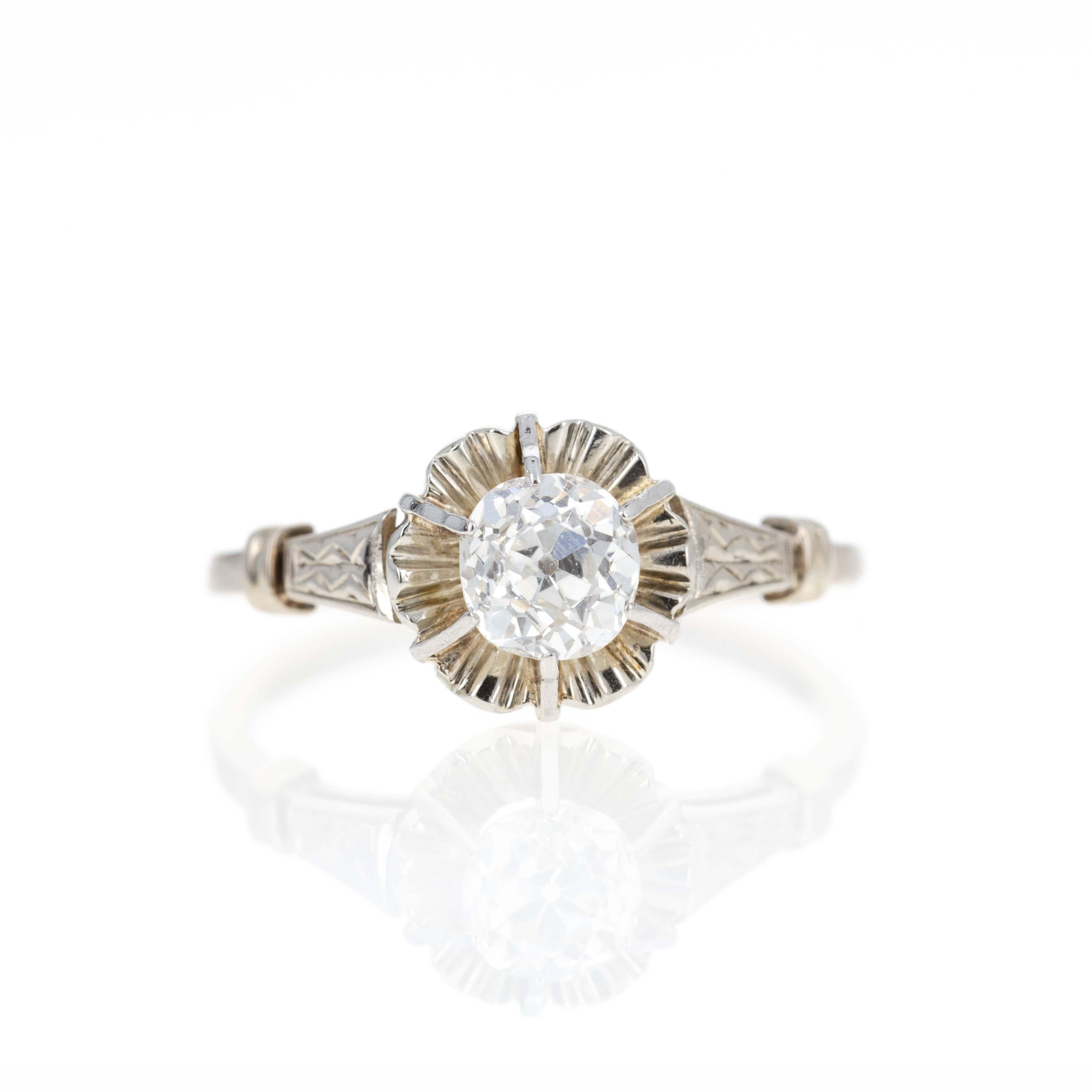Art Deco 18K White Gold 0.75 Carat Old Mine Diamond Engagement Ring 1
