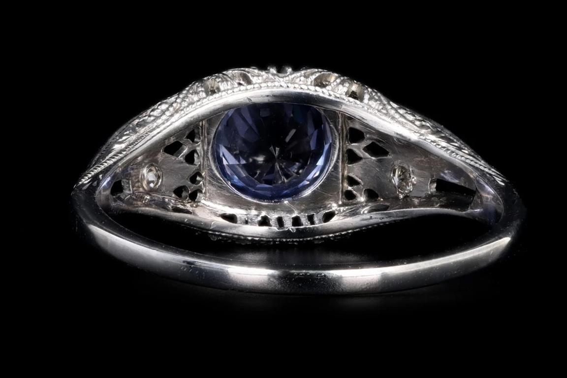 Round Cut Art Deco 18K White Gold 1.10 Carat Natural Sapphire and Diamond Ring