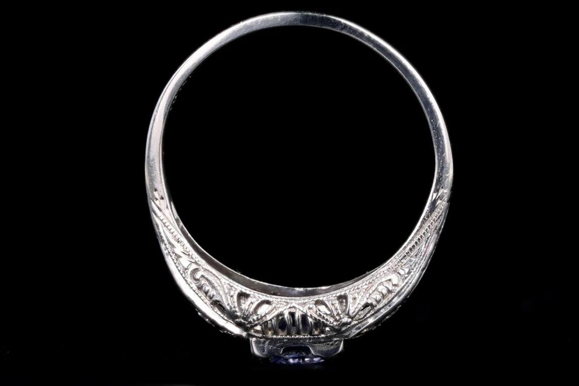 Women's Art Deco 18K White Gold 1.10 Carat Natural Sapphire and Diamond Ring
