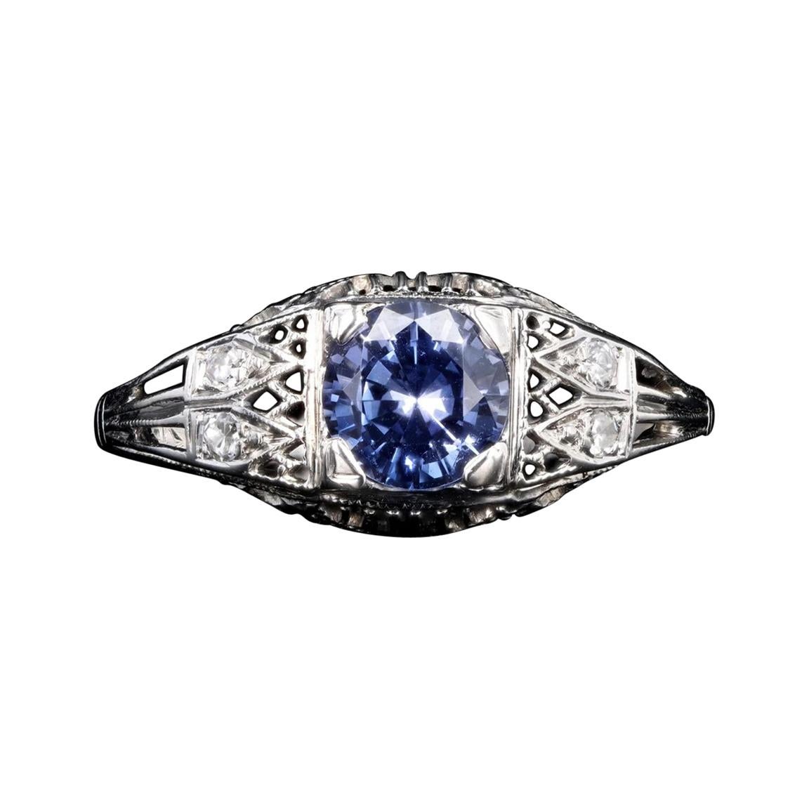Art Deco 18K White Gold 1.10 Carat Natural Sapphire and Diamond Ring