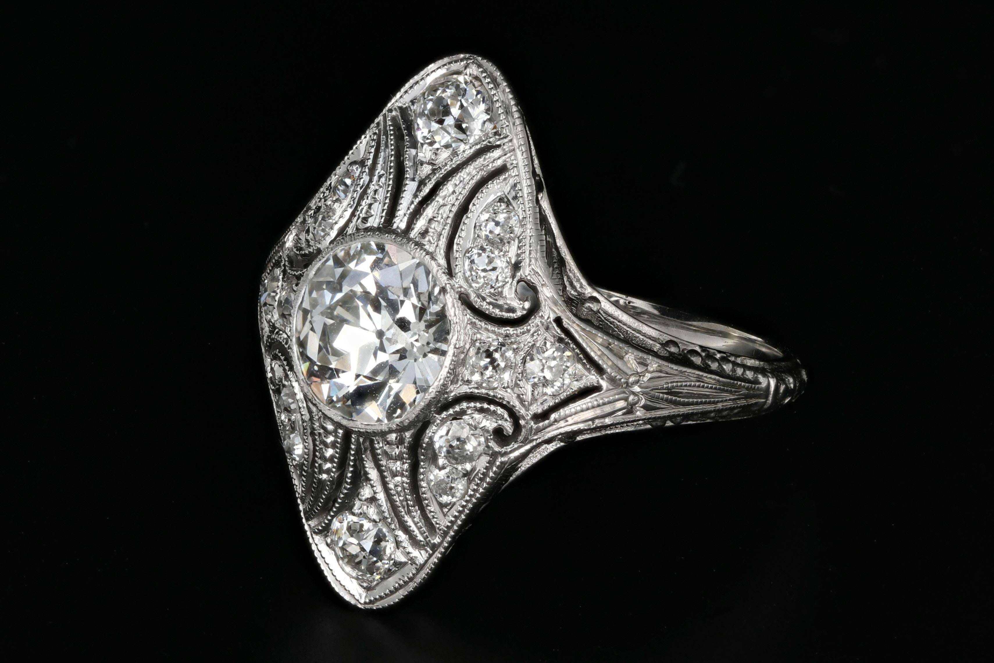 Women's or Men's Art Deco Platinum 1.15 Carat Old European Cut Diamond Ring GIA Certified For Sale