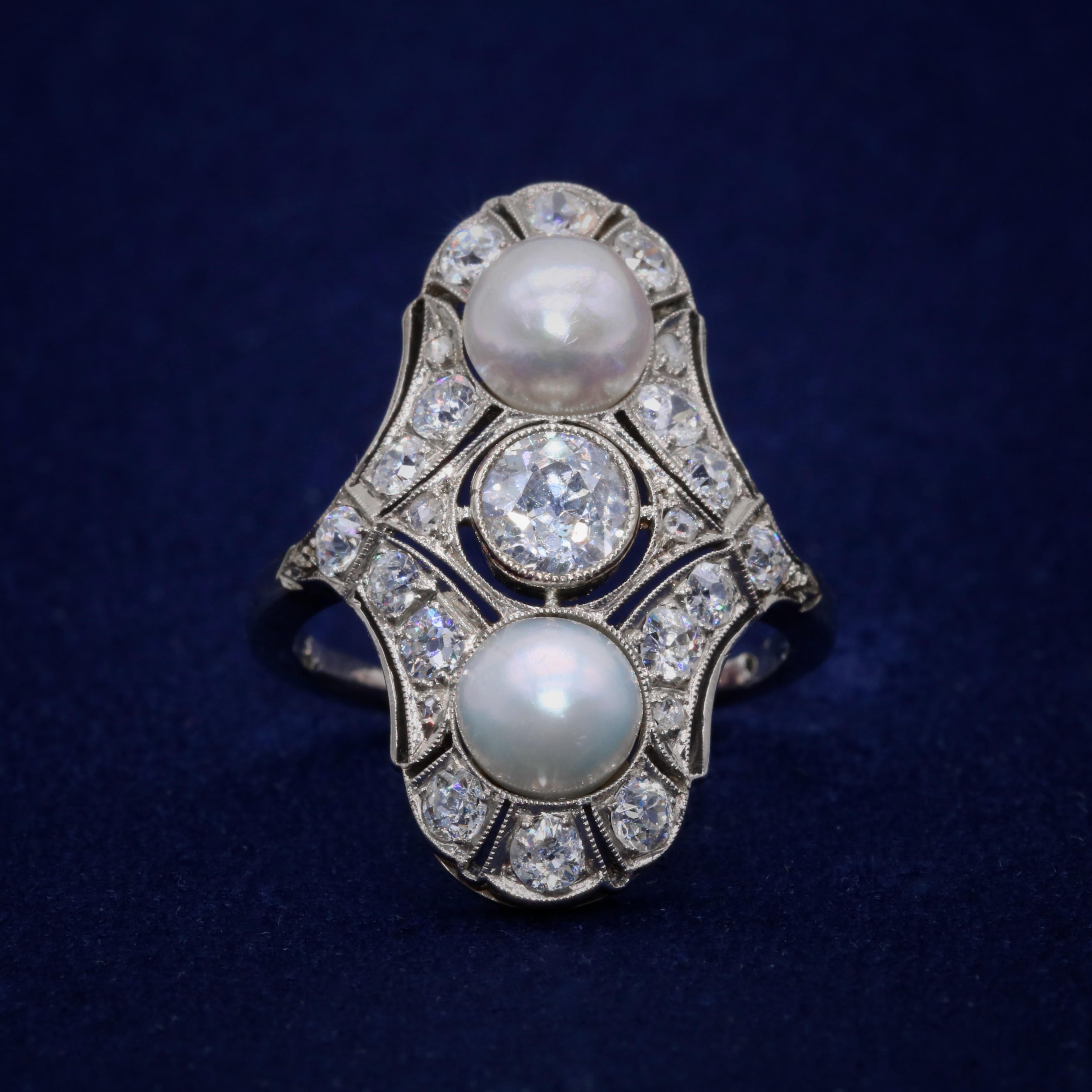 Old European Cut Art Deco 18K White Gold 1.5ctw Old Cut Diamond and Pearl Openwork Panel Ring For Sale