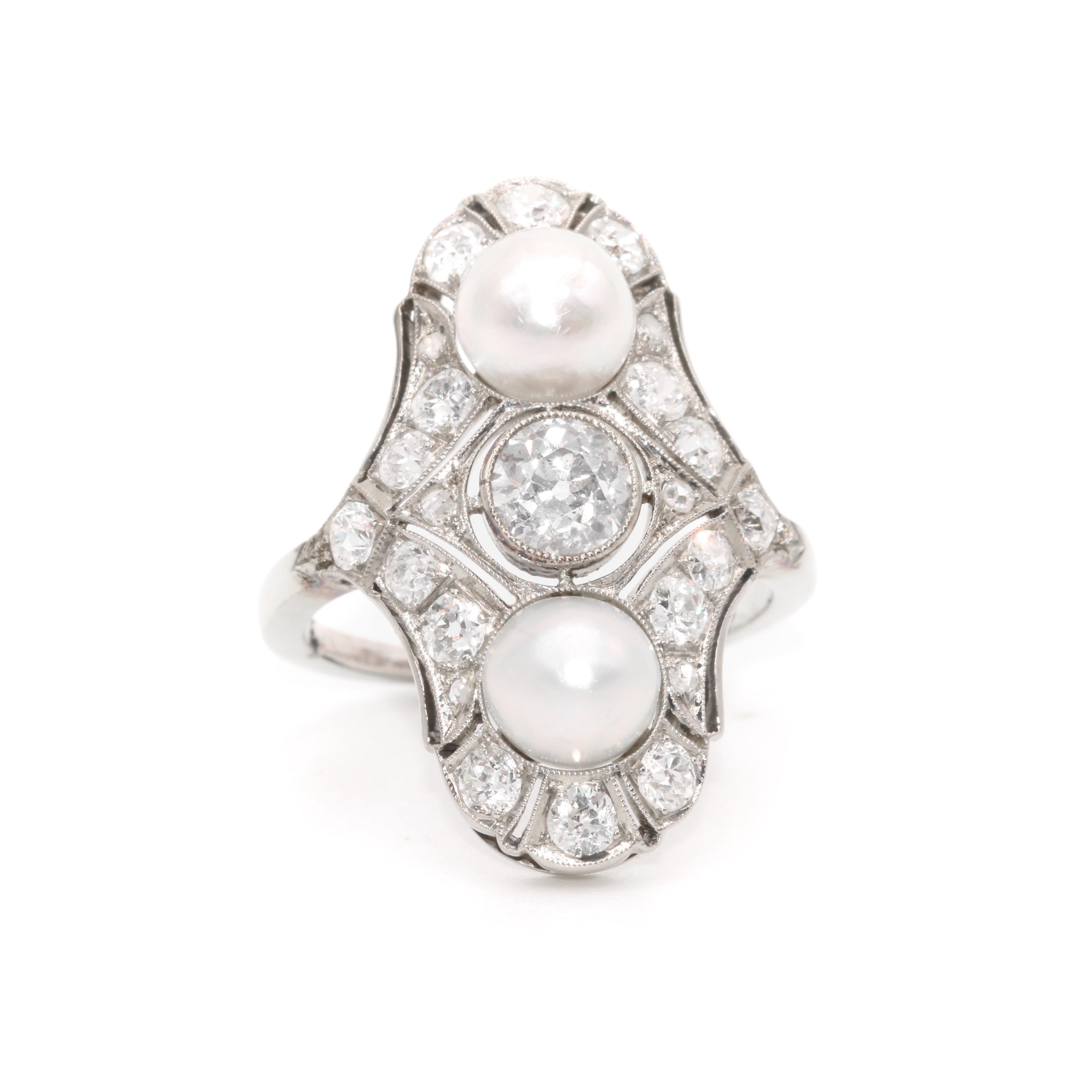 Art Deco 18K White Gold 1.5ctw Old Cut Diamond and Pearl Openwork Panel Ring In Good Condition For Sale In Staines-Upon-Thames, GB