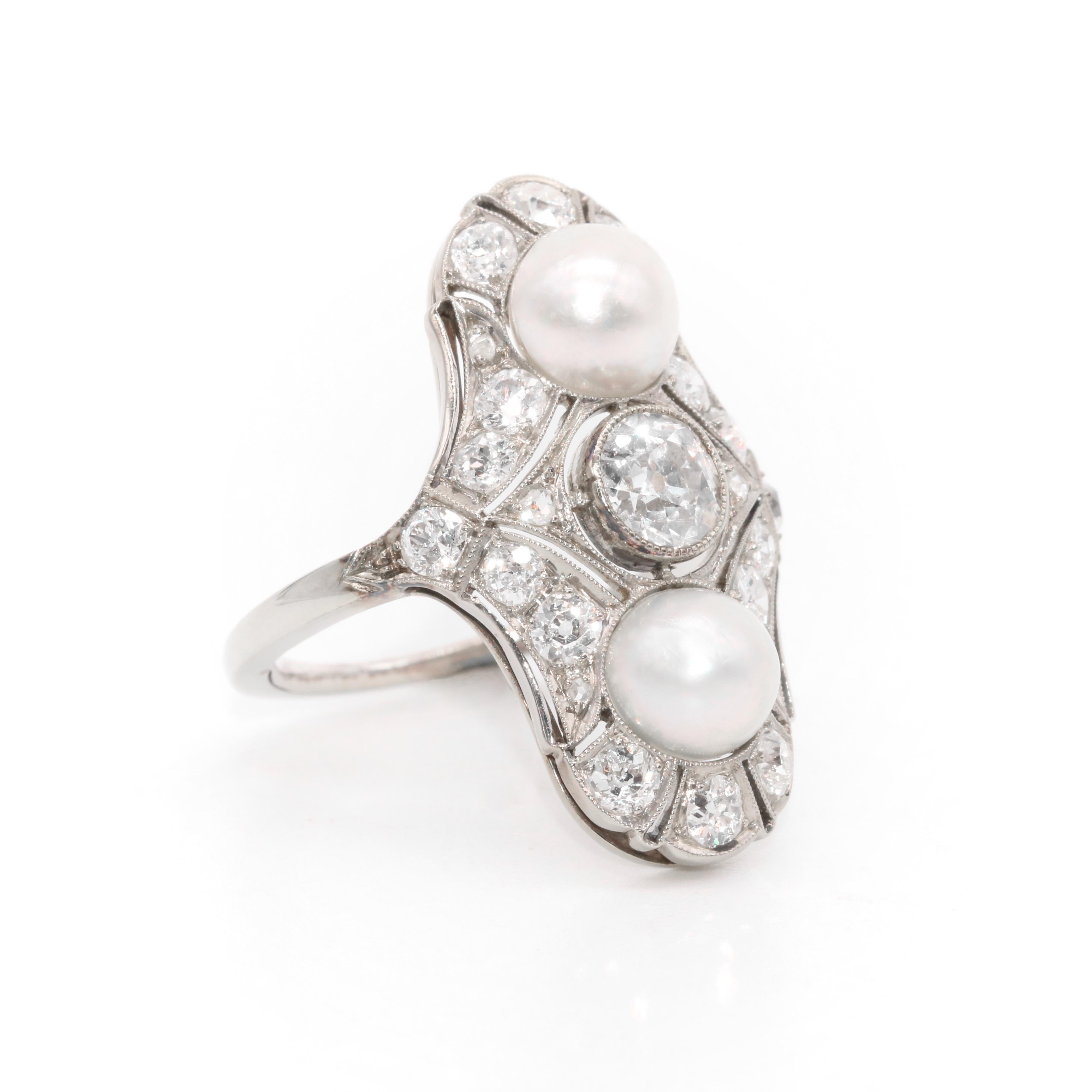 Women's or Men's Art Deco 18K White Gold 1.5ctw Old Cut Diamond and Pearl Openwork Panel Ring For Sale