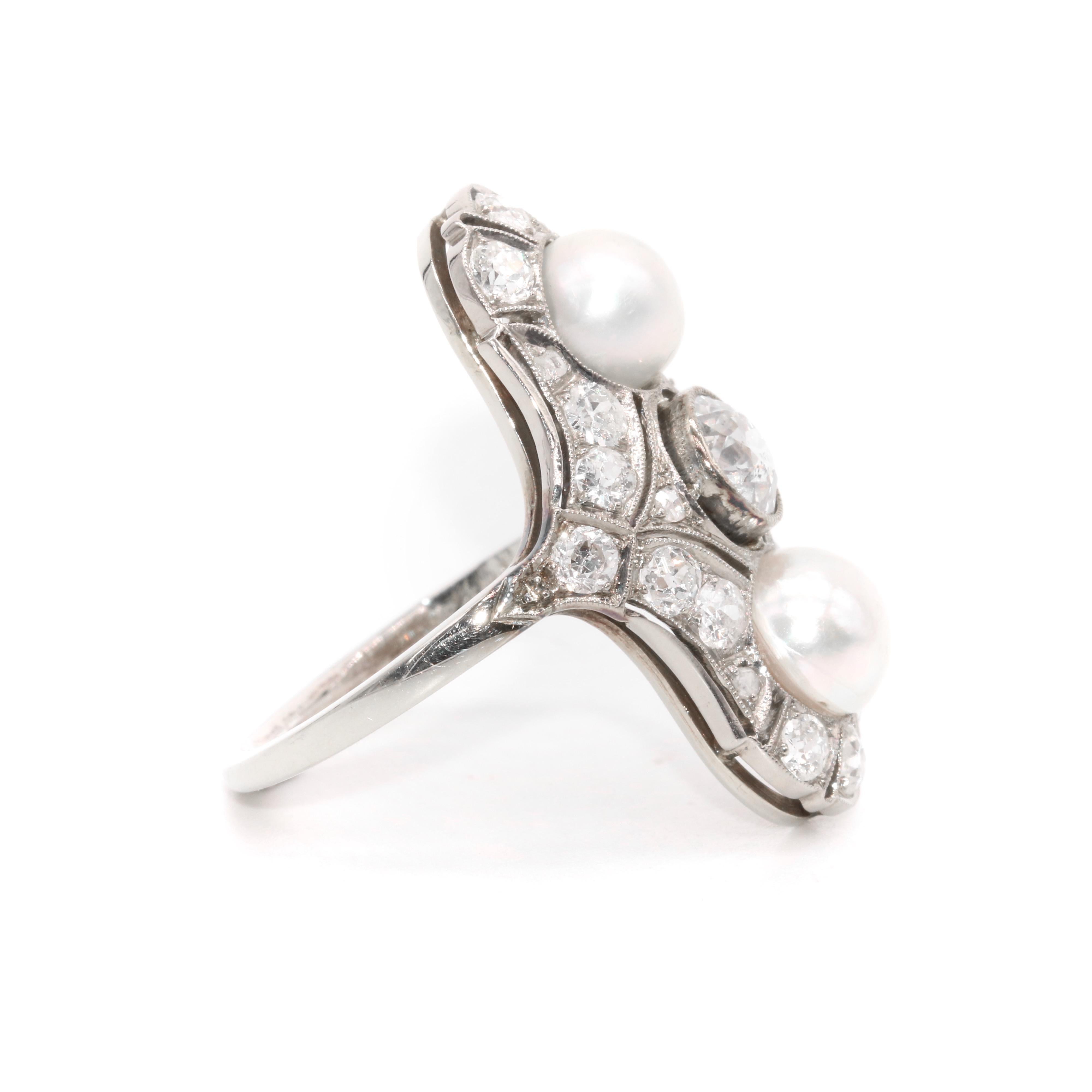 Art Deco 18K White Gold 1.5ctw Old Cut Diamond and Pearl Openwork Panel Ring For Sale 1