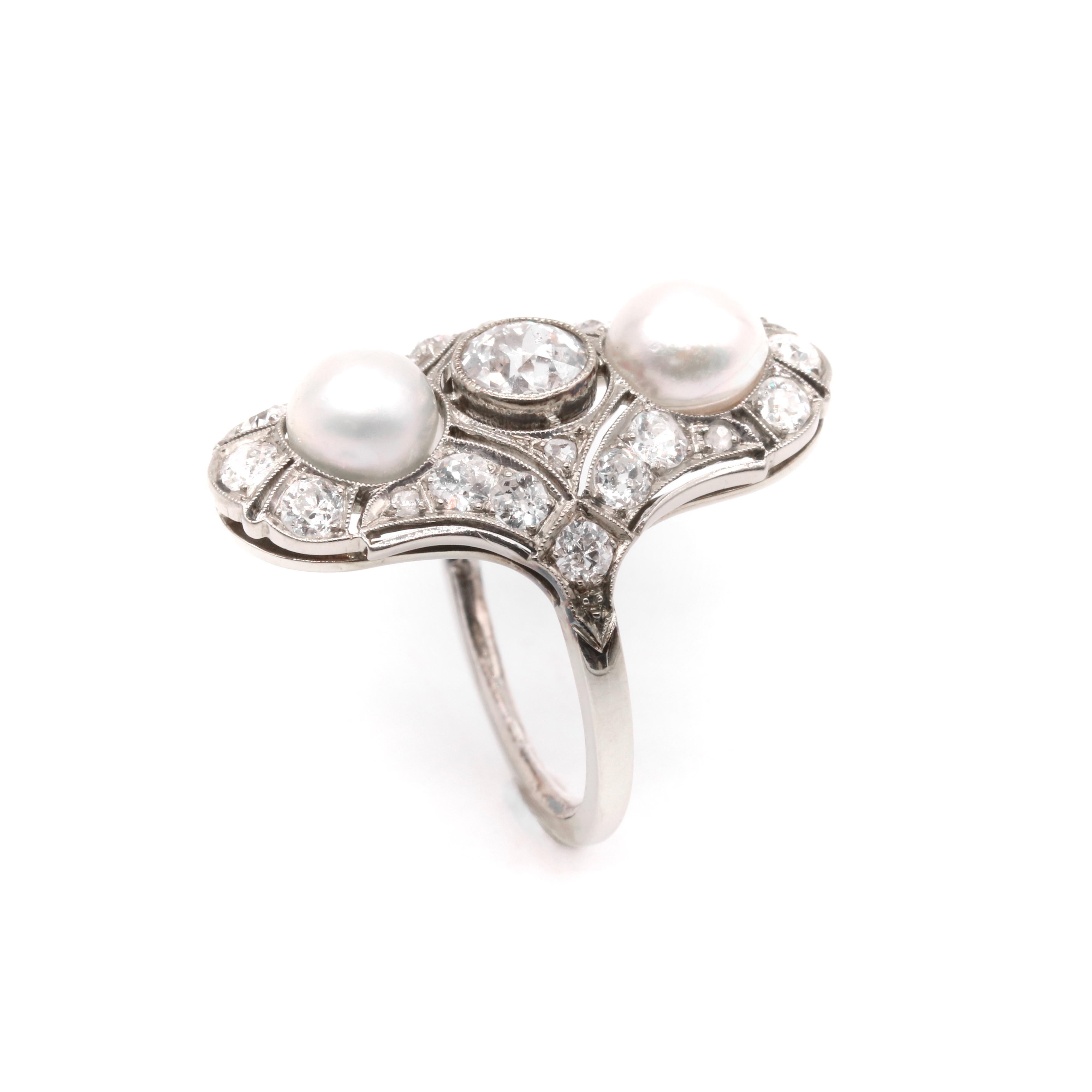 Art Deco 18K White Gold 1.5ctw Old Cut Diamond and Pearl Openwork Panel Ring For Sale 2