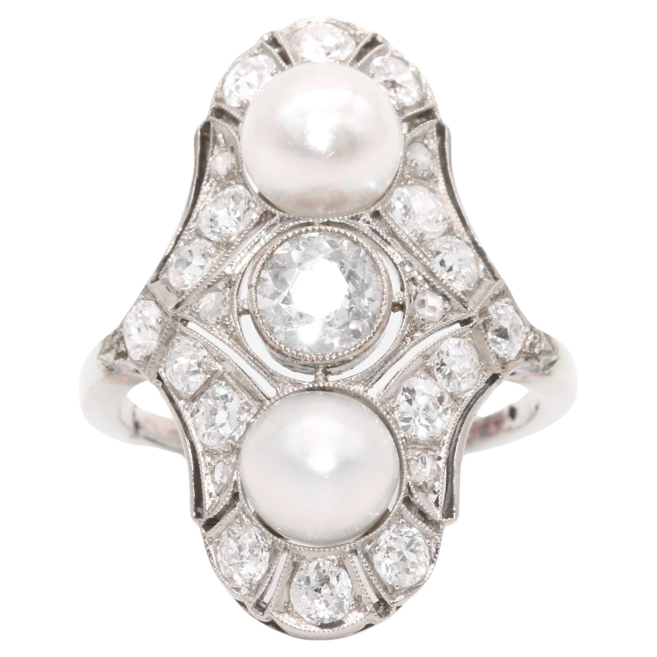 Art Deco 18K White Gold 1.5ctw Old Cut Diamond and Pearl Openwork Panel Ring For Sale