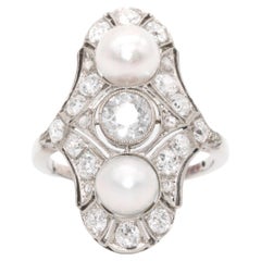 Art Deco 18K White Gold 1.5ctw Old Cut Diamond and Pearl Openwork Panel Ring