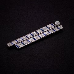 Art Deco 18K White Gold 4.04tgw Old Cut Diamond and Sapphire Asymmetric Brooch