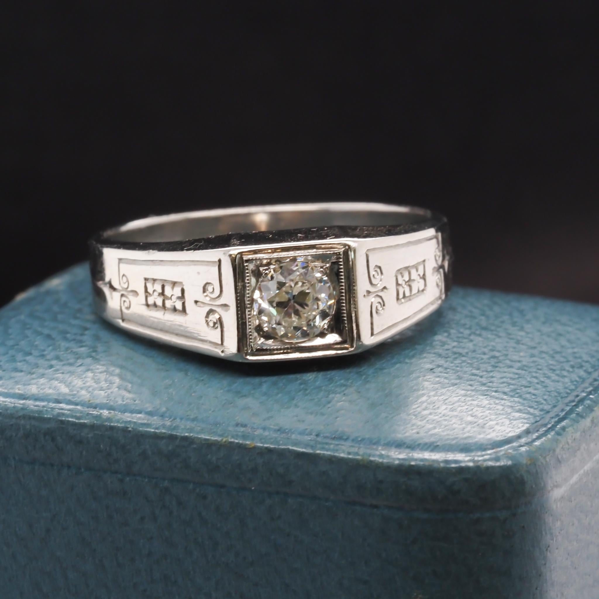 Art Deco 18k White Gold .45ct Old European Brilliant Engagement Ring For Sale 1