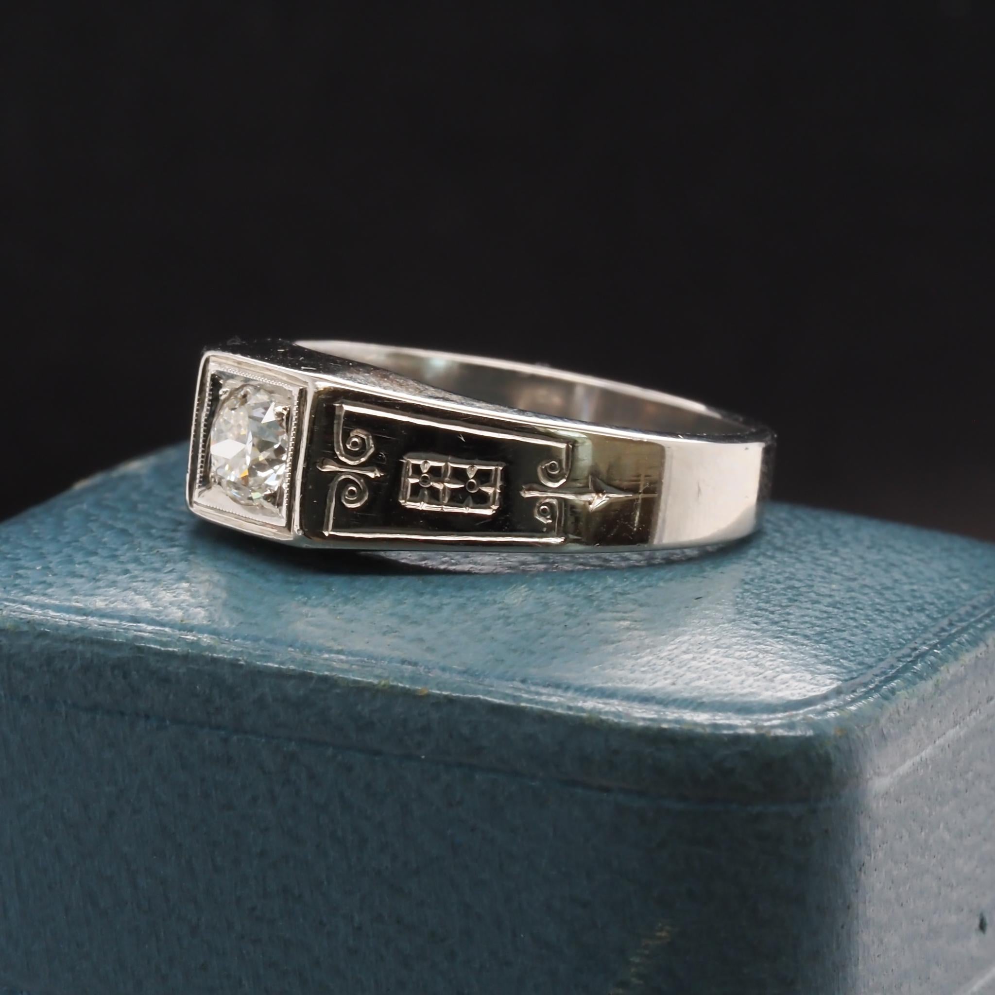 Art Deco 18k White Gold .45ct Old European Brilliant Engagement Ring For Sale 2