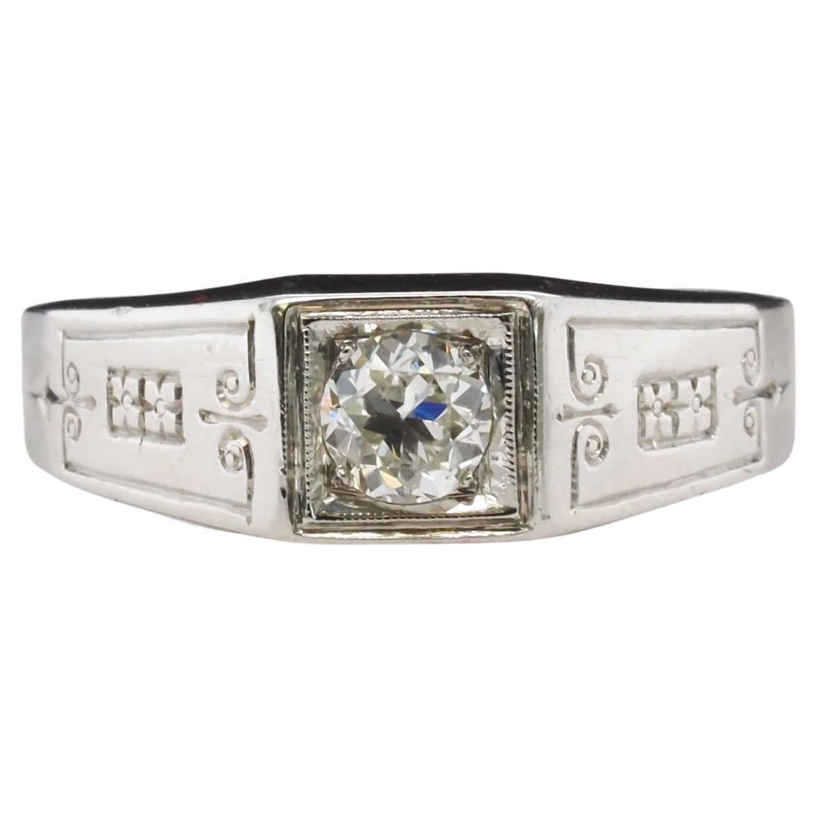 Anillo de Compromiso Art Decó de Oro Blanco de 18k .45ct Antiguo Brillante Europeo