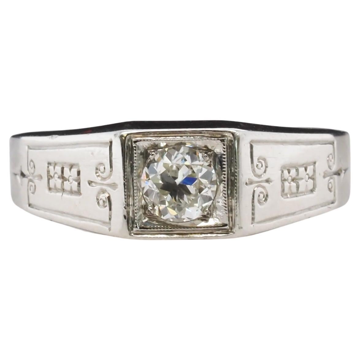 Art Deco 18k White Gold .45ct Old European Brilliant Engagement Ring For Sale