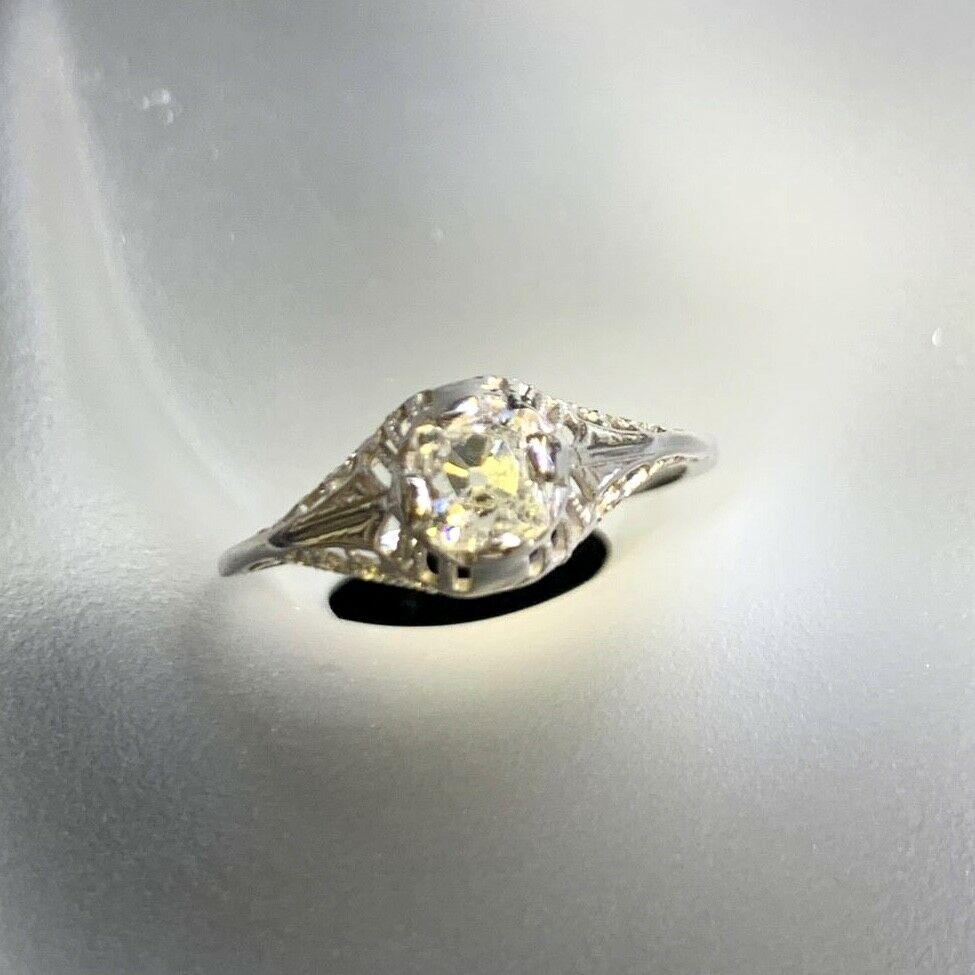 Art Deco 18K White Gold .52ct French Mine Cut Diamond Ring In Excellent Condition In Addison, TX